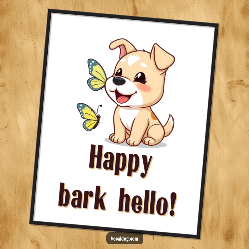 Funny dog poster showing a happy dog barking cheerfully at a butterfly, symbolizing friendship and nature's beauty.