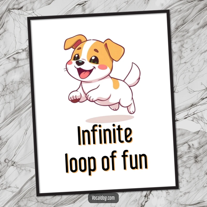 Funny poster art of a dog utterly delighted while chasing its own tail in a humorous, circular motion.
