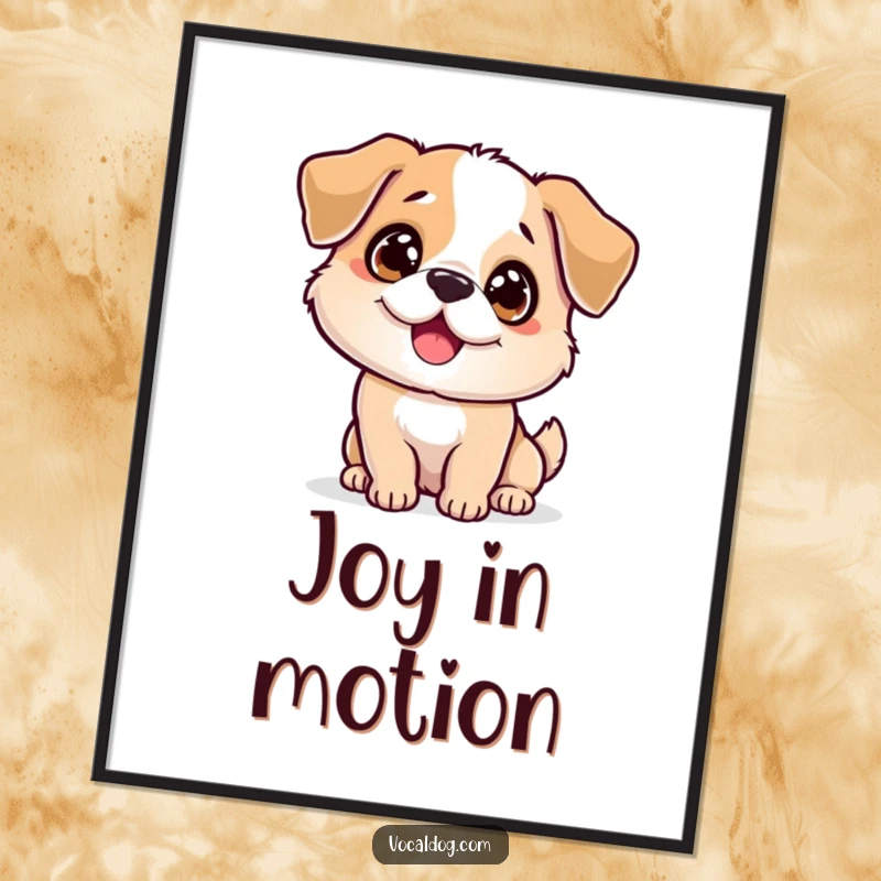 Funny sparkling dog poster capturing a dog's intensely bright eyes and full-body wag, radiating pure excitement and happiness. Excellent funny gift.