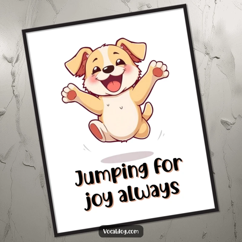 Funny Poster featuring a dog jumping with unrestrained excitement, its paws comically flailing in a hilarious display of pure happiness.