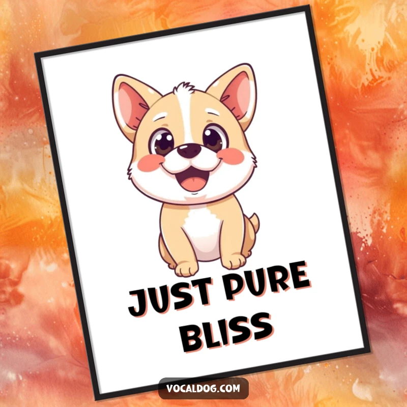 Funny poster displaying a happy dog character with a wide, delighted gaze, illustrating pure bliss and happiness.