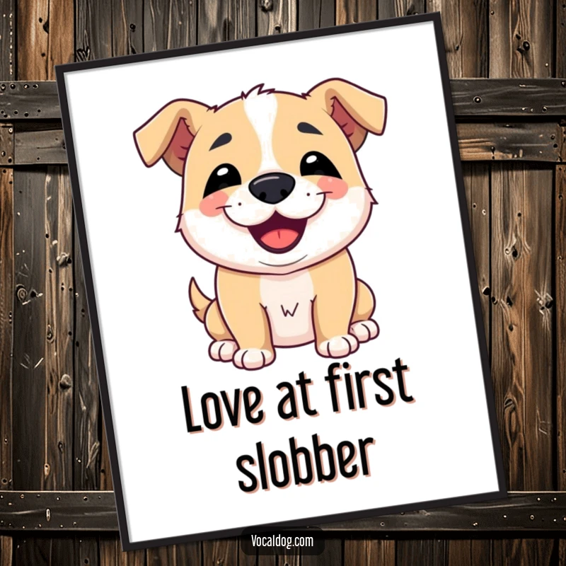 Funny poster art of a dog offering a friendly slobbery kiss with a charming smile, radiating pure canine love and humor, wall decor.