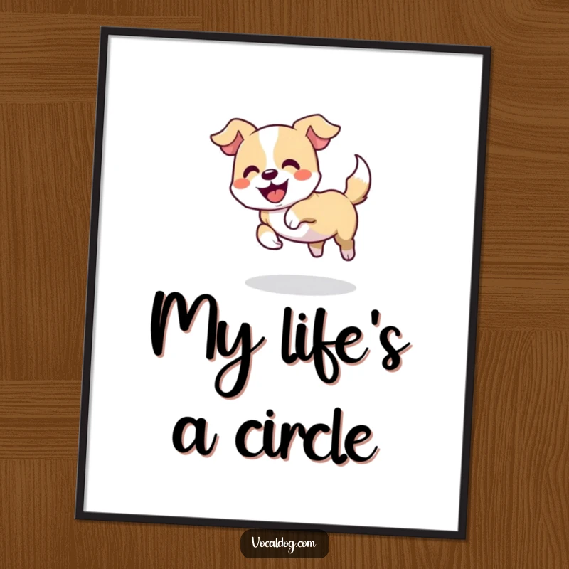Funny poster art of a dog playfully chasing its tail in a delighted circle, radiating pure canine fun and silliness, wall decor.