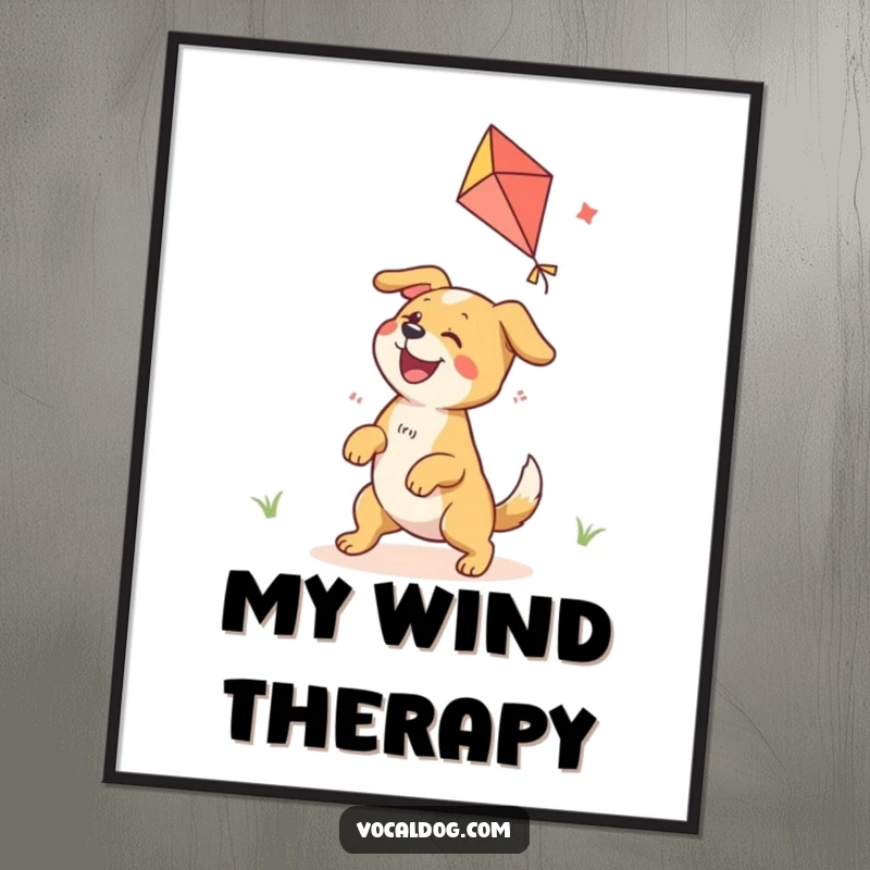 Funny Poster depicting an ecstatic dog character in the act of triumphantly playing with a colorful kite against a bright sky.