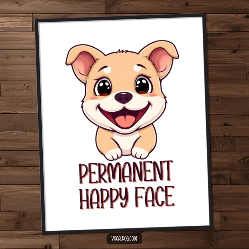 Funny Poster of a happy dog with intensely sparkling eyes and a broad, infectious grin, adding humor to decor.