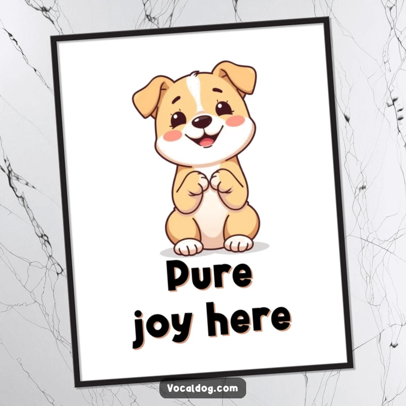 Funny poster featuring a dog sitting perfectly upright with its paws together, expressing pure happiness and delightful charm.