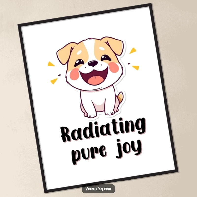 Funny poster art of a stylized dog character with its mouth wide open, joyfully emitting visible, musical happy sounds.
