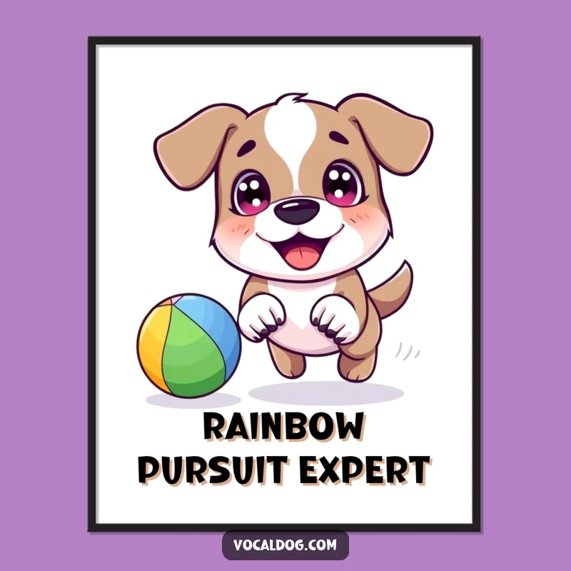 Funny Dog Rainbow Ball Poster: Joyful Chase Wall Art for Dog Lovers Gift