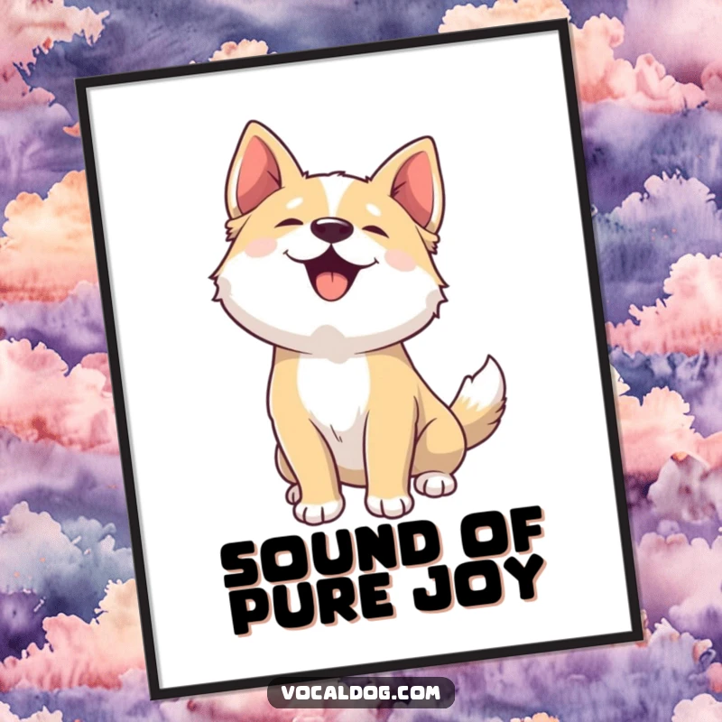 Funny poster art of a dog with its head thrown back, caught mid-joyful woof, expressing boundless canine happiness.