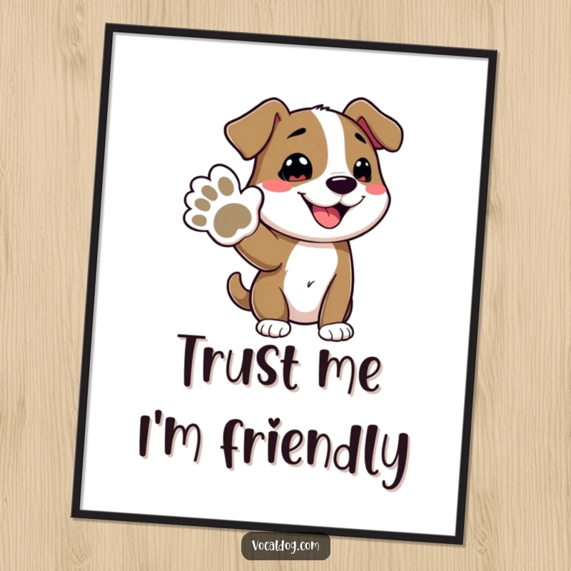 Funny poster art print of a happy dog reaching out its paw in a friendly gesture, bringing warmth and humor to any wall.
