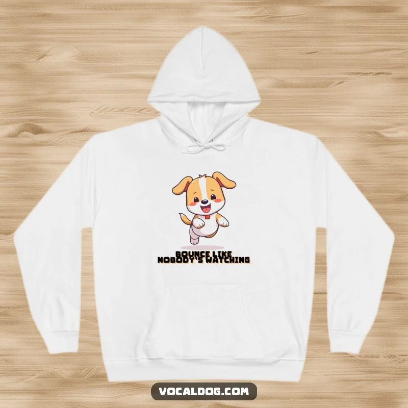 Funny Hoodie: A cozy hoodie depicting a dog cheerfully bouncing with complete disregard for convention, full of uninhibited joy.