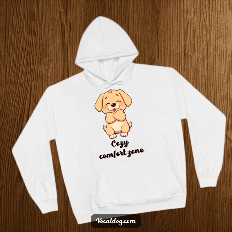 Funny hoodie design of a dog character giving an extra-large, warm hug, radiating love and comfort.