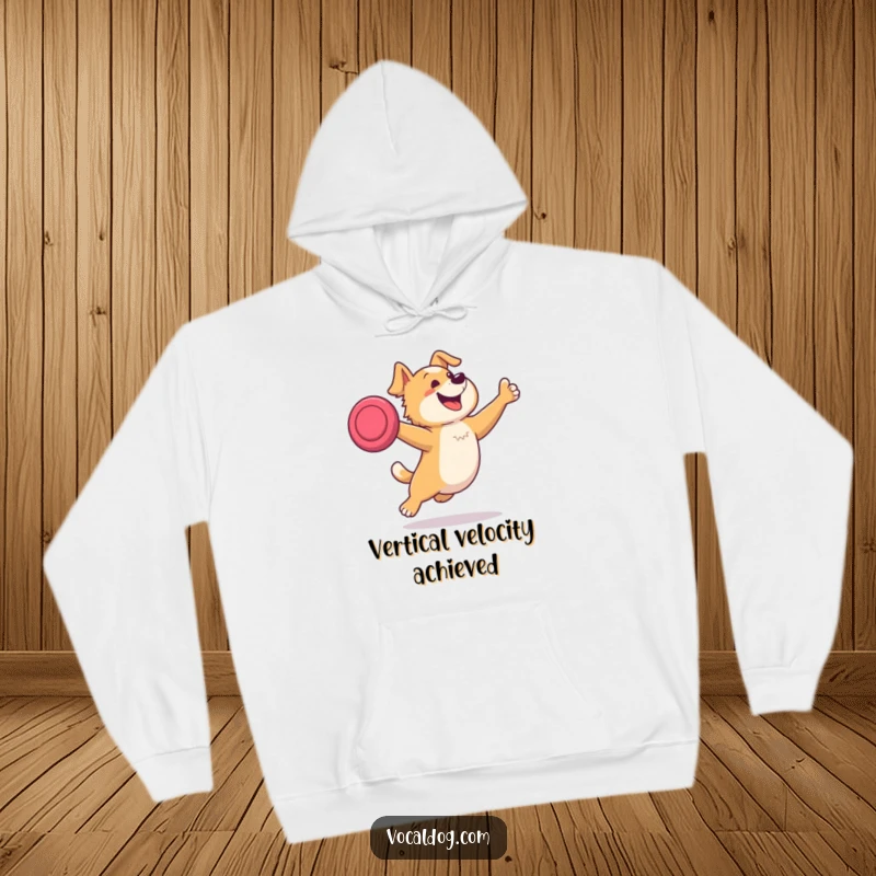 Funny hoodie depicting a dog leaping enthusiastically to catch a frisbee, perfect for cozying up while remembering outdoor fun and playful pets.