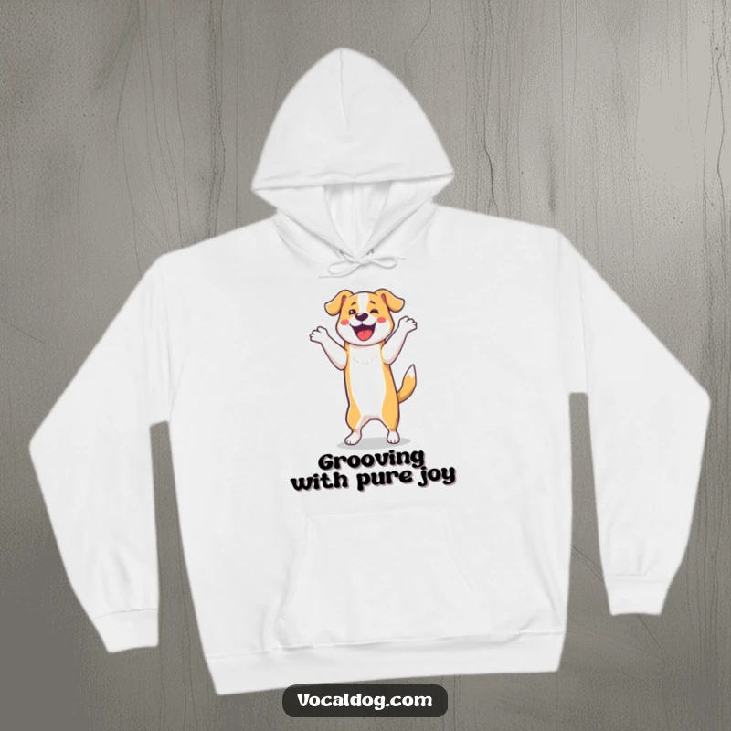 Funny Hoodie: A dog is doing a joyful and energetic happy dance on its hind legs. This cozy and funny apparel is pure happiness.