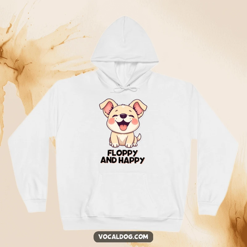 Funny dog hoodie featuring a happy dog with its ears flopping joyfully upwards, embodying a spirit of happiness.