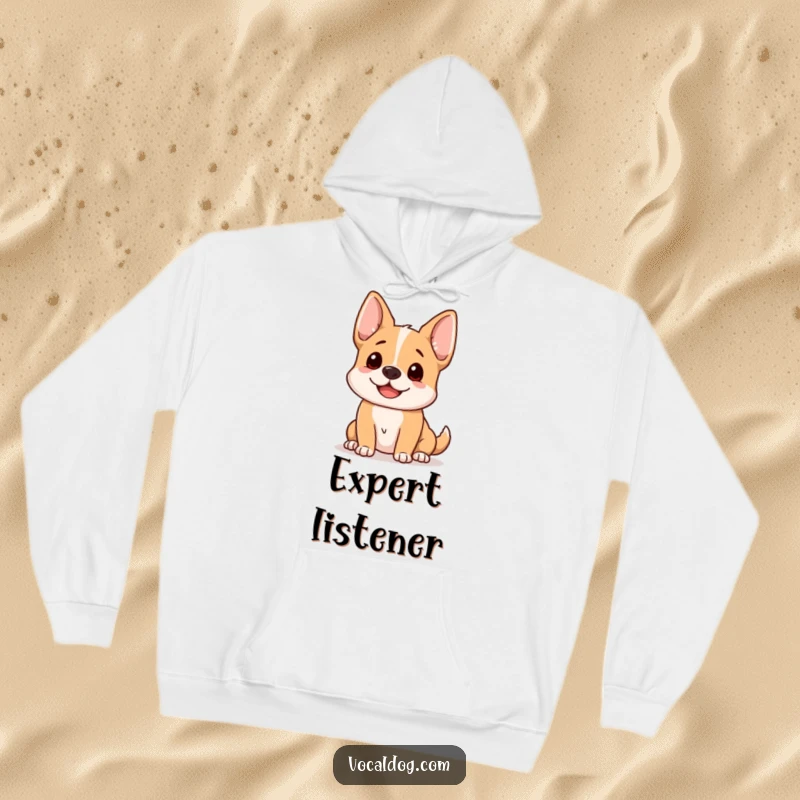 Funny dog hoodie depicting a happy dog with its ears perked high, listening intently and joyfully.