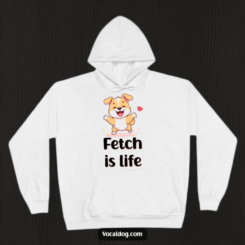 Funny Hoodie featuring a dog character playing fetch with immense happiness, embodying pure joy and playful energy in a humorous and cozy design.