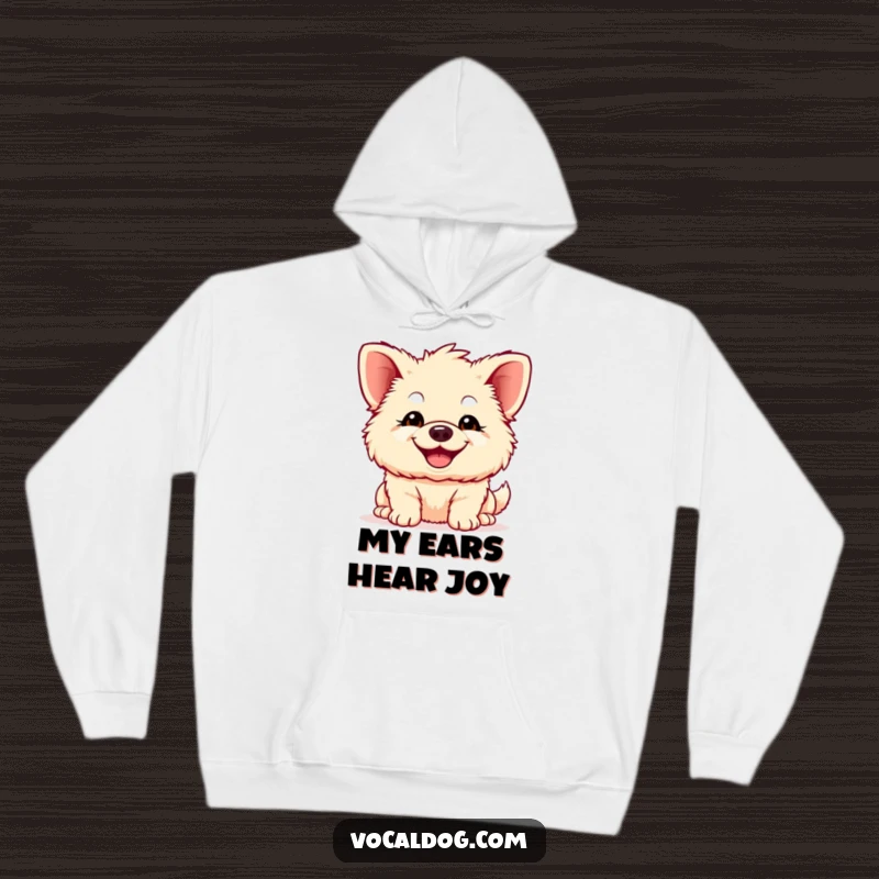 Funny fluffy dog hoodie, showcasing a lovable canine with enormous ears and a wide, infectious grin spreading warmth and joy.