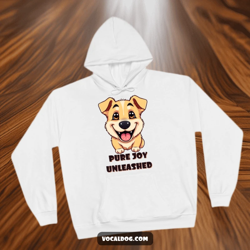 Funny hoodie with a large, happy dog face sporting a wide, goofy grin and sparkling eyes, perfect for cozy relaxation.