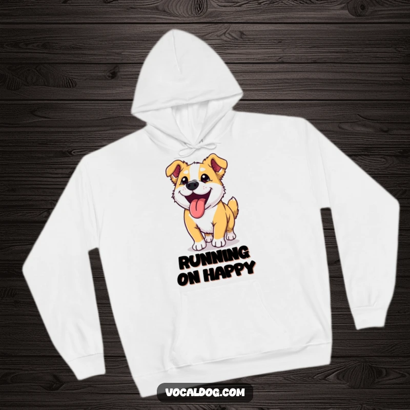 Funny dog hoodie showing a dog looking absolutely ecstatic with its tongue sticking out after a fantastic run.