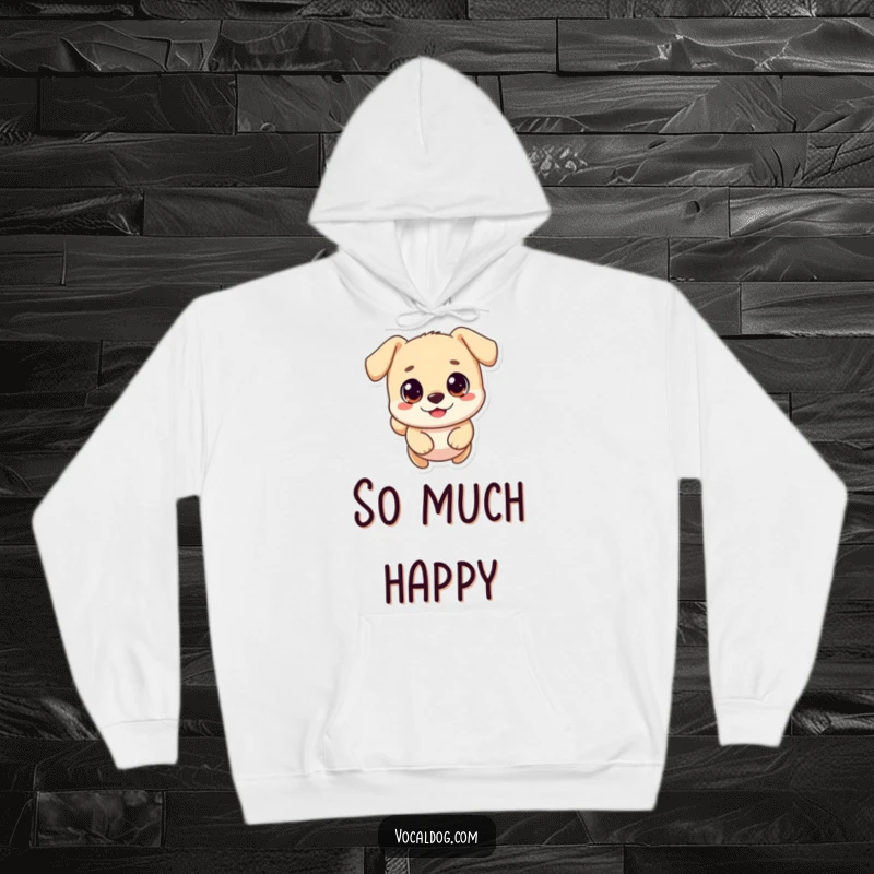 Funny hoodie featuring a round, happy dog character mid-leap, big eyes convey pure excitement and joy, wonderfully cozy.