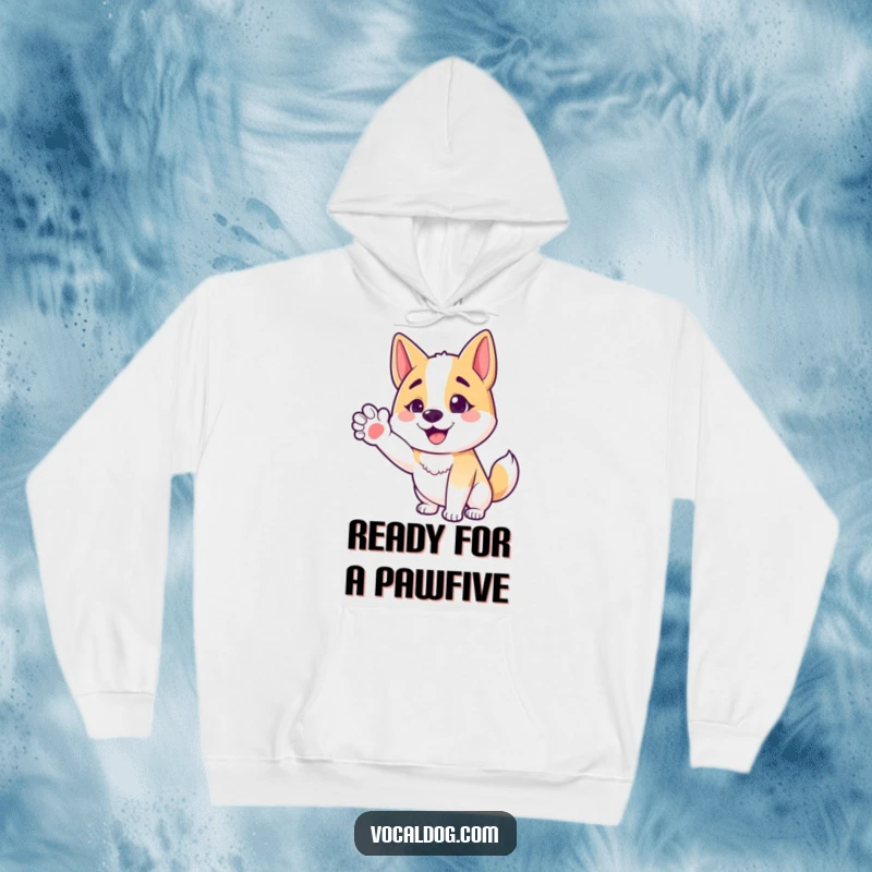 Funny hoodie with a happy dog character offering an outstretched paw, symbolizing friendly warmth and cozy comfort.