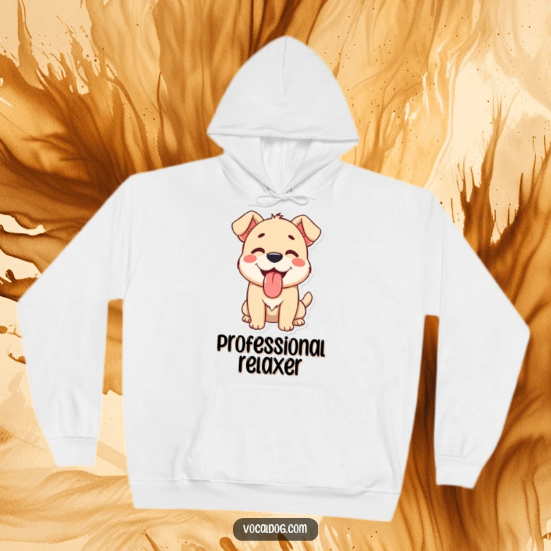 A happy dog character with its tongue lolling out in pure contentment, depicted on a cozy hoodie for ultimate comfort.