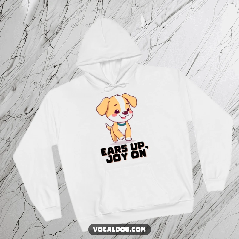 Funny hoodie depicting a dog with charming floppy ears prancing with pure joy and delight, incredibly cozy and cute.