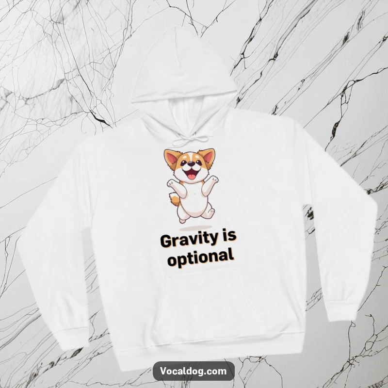 Funny dog hoodie, showcasing a dog mid-leap with a look of sheer elation, embodying boundless energy and joyful excitement.