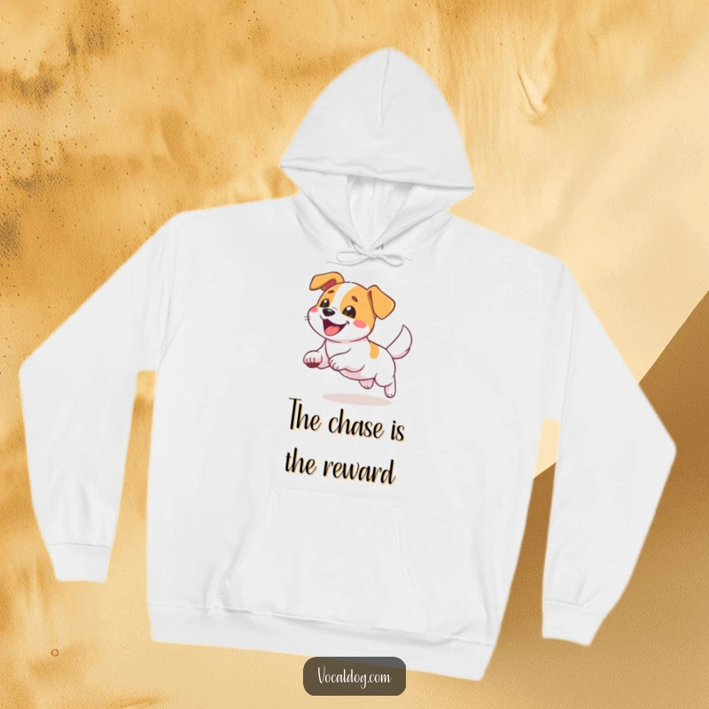 Funny hoodie depicting a dog joyfully chasing its tail, radiating pure delight and humorous energy.