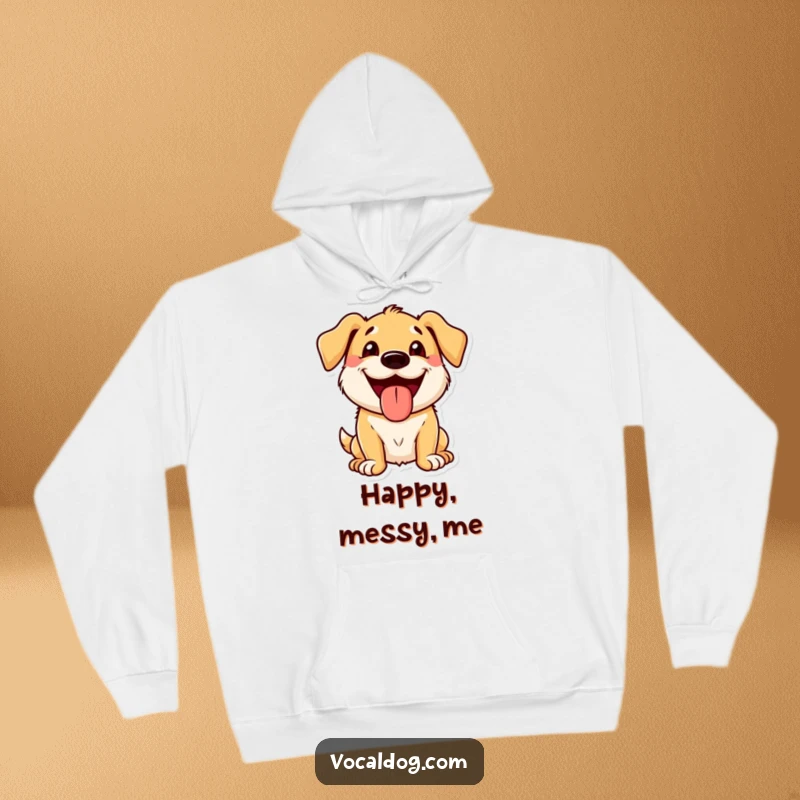 Funny Hoodie showing a dog character with a wide, beaming smile and its tongue out, radiating pure happiness.