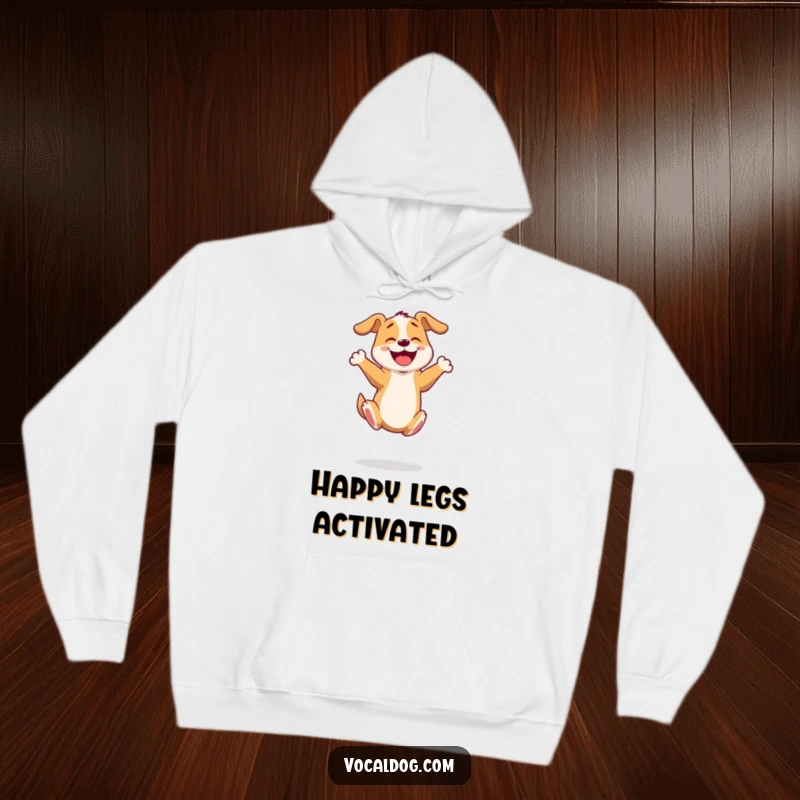 Funny hoodie showing an enthusiastic dog character bouncing on its back legs with pure happiness, embodying playful energy.