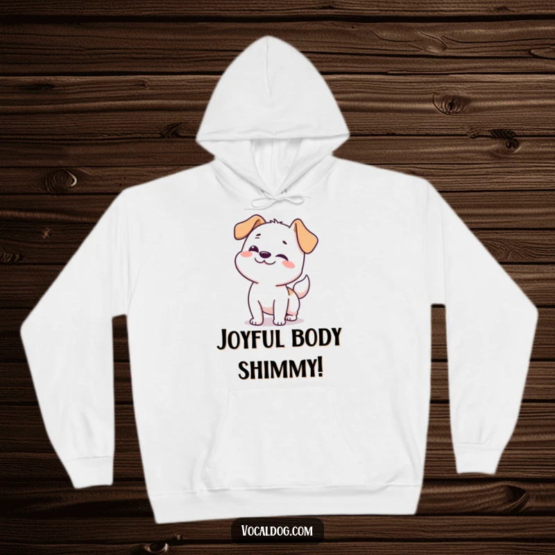 Funny dog hoodie featuring a happy dog doing a full-body wiggle, radiating warmth and playful energy.