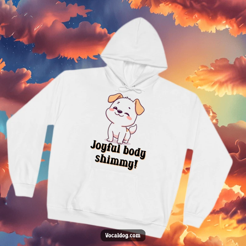 Funny dog hoodie featuring a happy dog doing a full-body wiggle, radiating warmth and playful energy.
