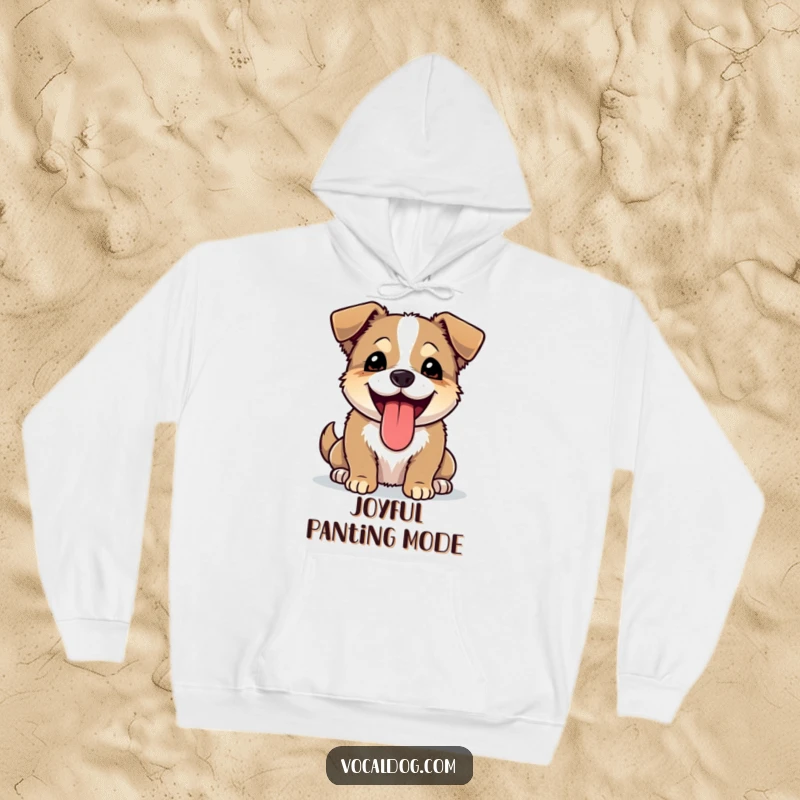 Funny hoodie with a happy dog panting with its tongue lolling out, embodying pure joy and cozy comfort.