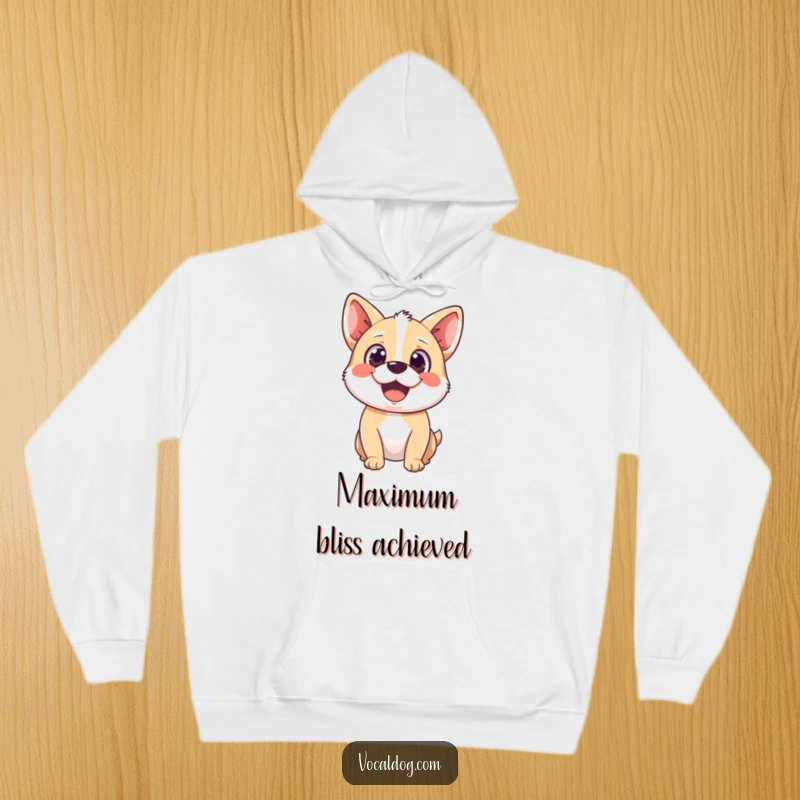 Funny hoodie with a happy dog character, wide delighted gaze, embodying pure bliss and cozy comfort.