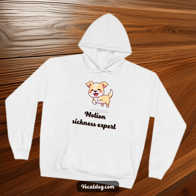 Funny hoodie design of a dog playfully chasing its tail in a delighted circle, conveying energetic silliness and joy, cozy apparel.