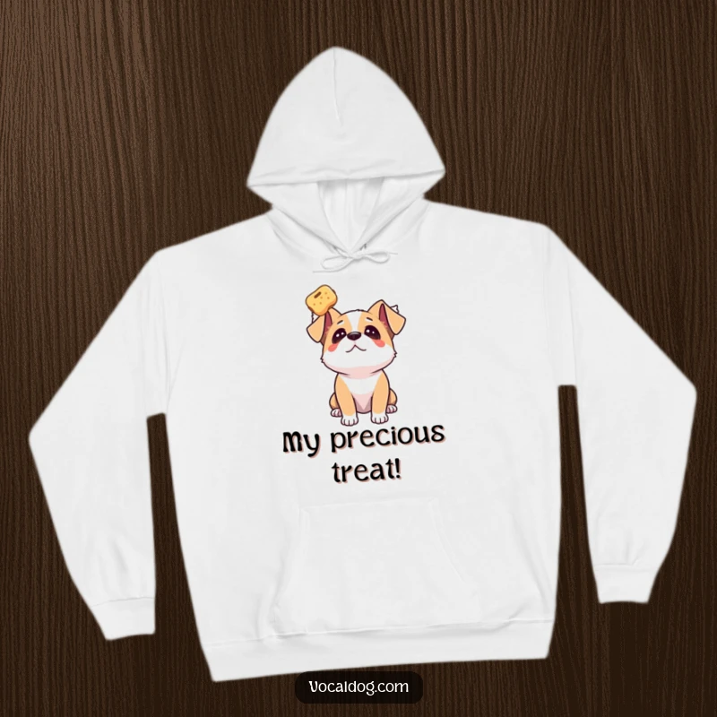 Funny dog hoodie featuring a happy dog gazing upwards with pure adoration at a floating treat, offering warmth.