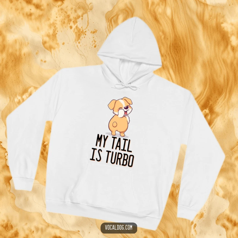 Funny hoodie showcasing a dog's tail blurred in a circular motion from intense wagging, embodying pure doggy happiness.