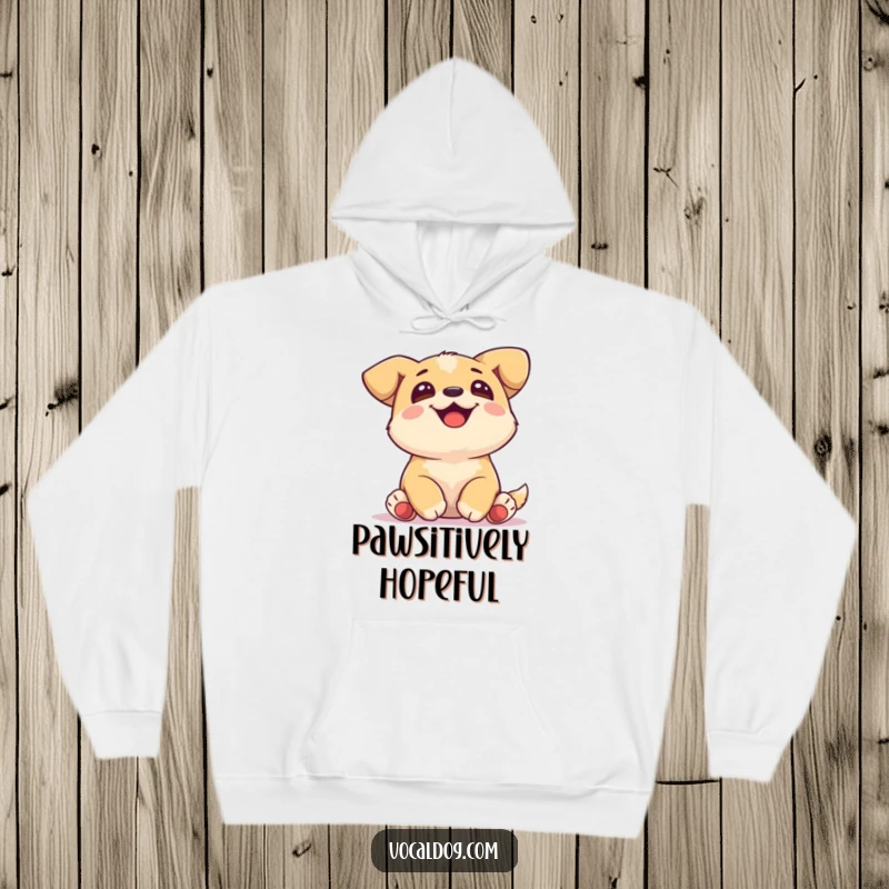 Funny Hoodie depicting a joyful dog with paws tucked, looking upwards with an expression of contentment and peace.