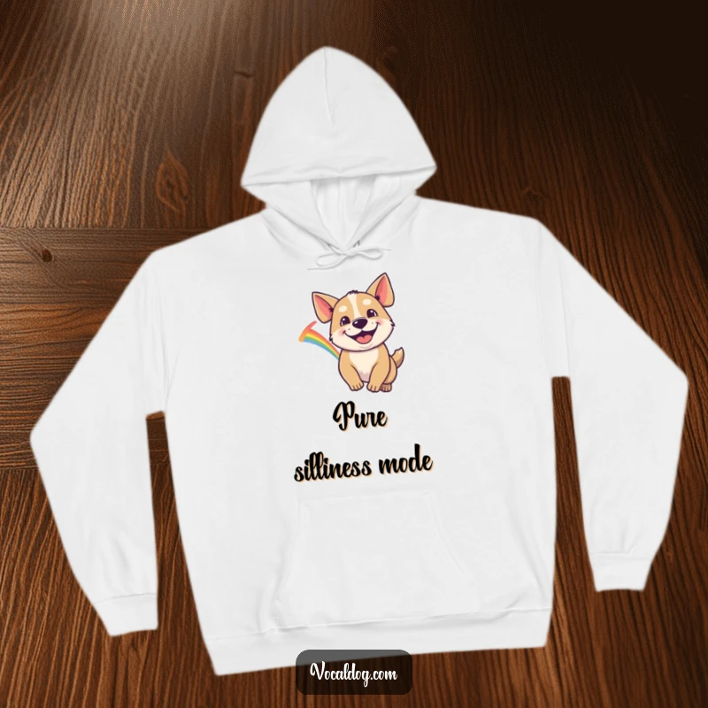 Funny Hoodie with a dog sporting a huge goofy grin, joyfully pursuing a bright rainbow, radiating pure fun.