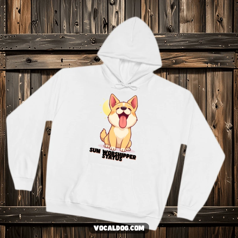 Funny hoodie design of a dog tilting head up, panting happily in the sun, conveying warmth and pure delight, cozy apparel.