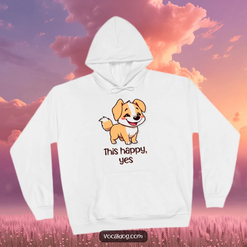 Funny hoodie depicting a dog character with an unmistakable goofy grin and a tail blurred from enthusiastic wagging.