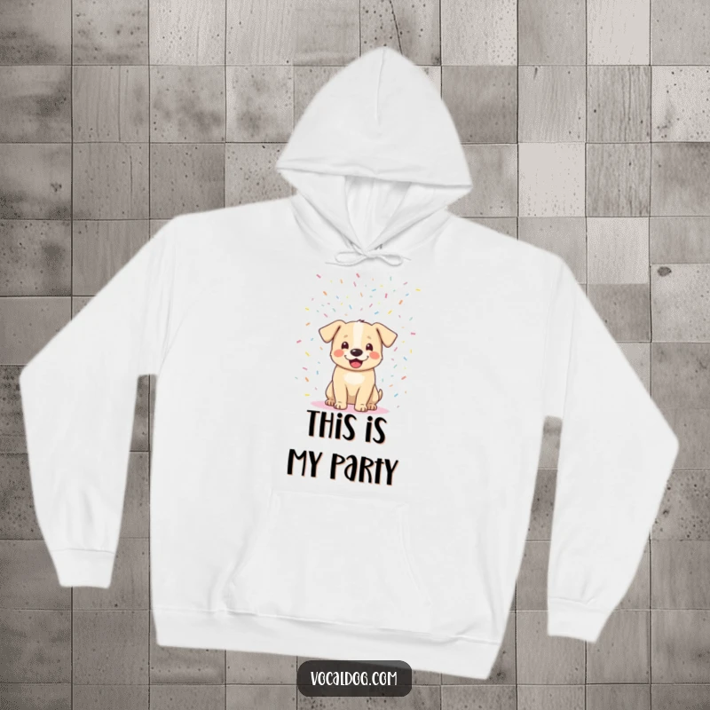 Cozy funny dog confetti hoodie featuring a delighted dog surrounded by colorful falling confetti, perfect for festive comfort. Ideal funny gift.