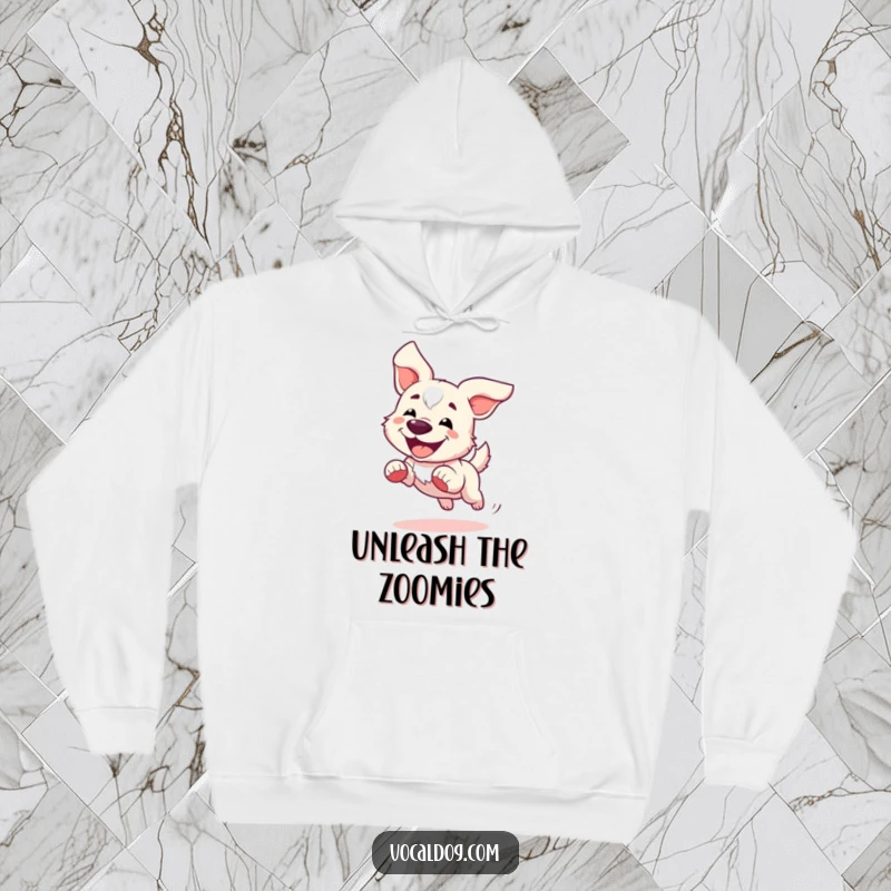 Funny Hoodie showing a dog joyfully running, ears flapping in the wind, symbolizing freedom and happiness.