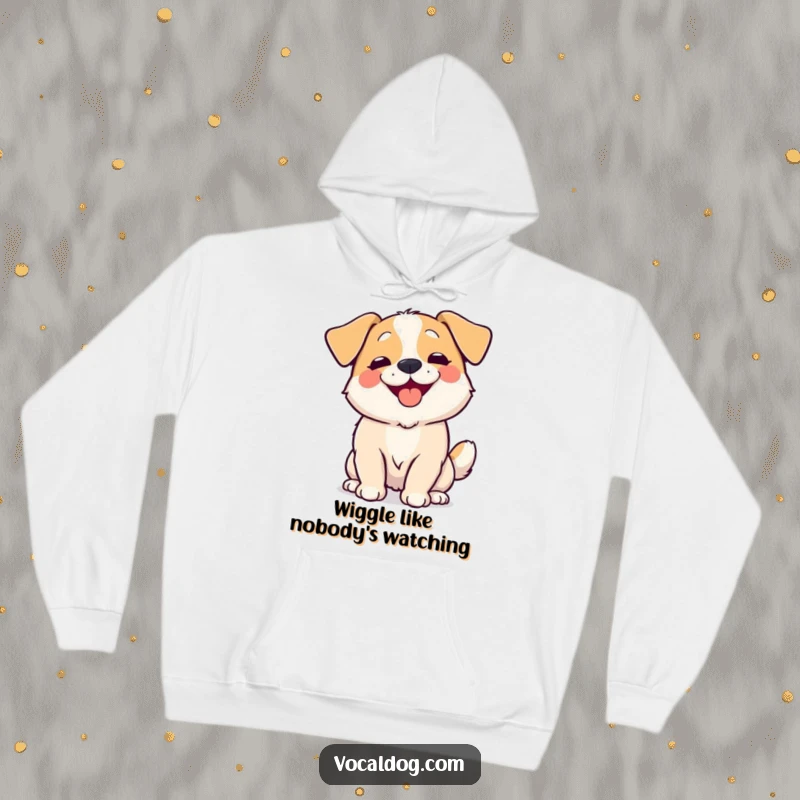Funny Hoodie showcasing a dog wiggling its entire body with overwhelming happiness, designed for warmth and pure, contagious joy.