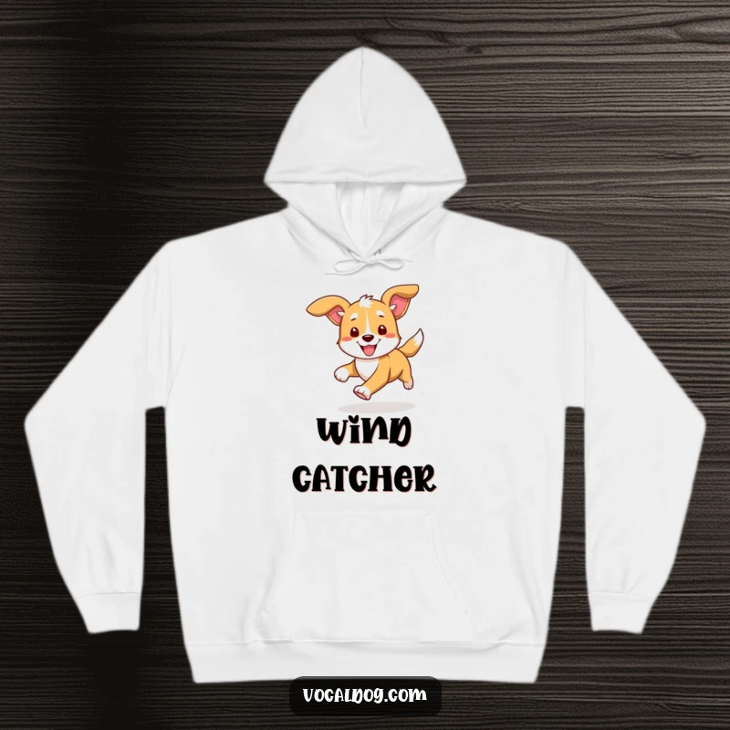 Funny hoodie depicting a dog in full stride, ears flapping dynamically, capturing the exhilarating feeling of running and pure, happy motion.