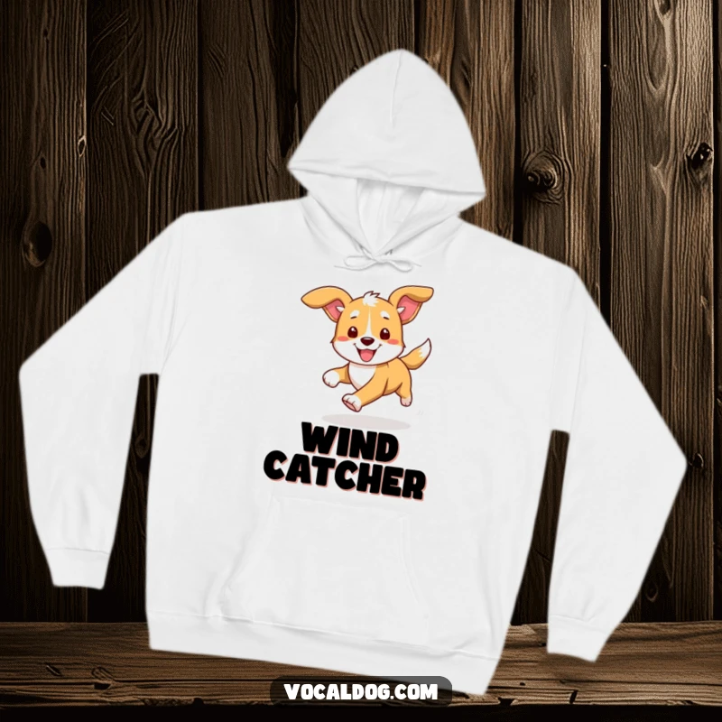 Funny hoodie depicting a dog in full stride, ears flapping dynamically, capturing the exhilarating feeling of running and pure, happy motion.