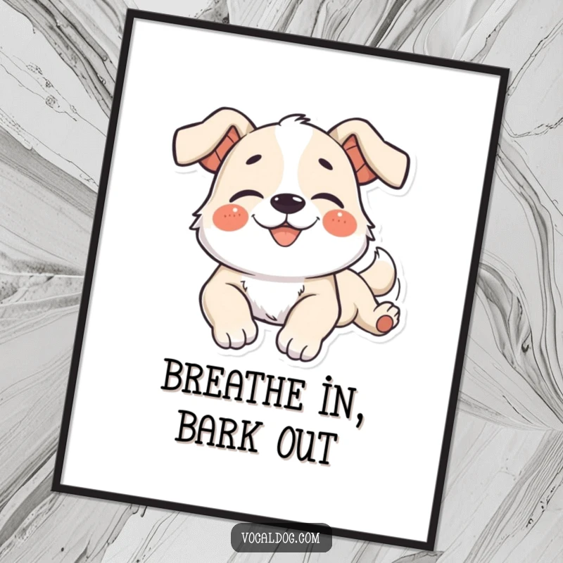 Funny Free Printable Wall Art of a dog character blissfully stretching out with a wide, contented smile, radiating pure relaxation.