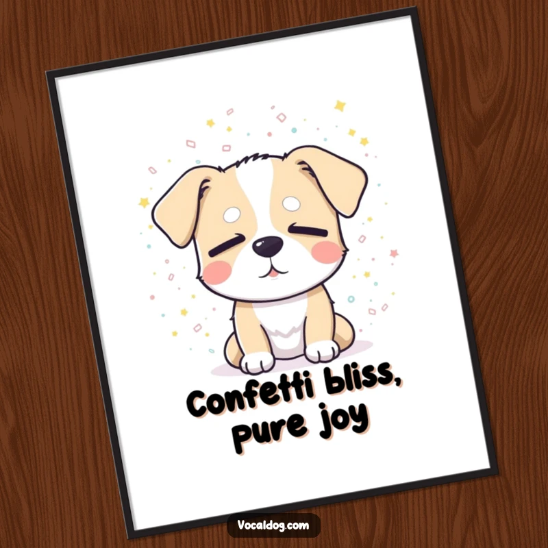 Funny Free Printable Dog Wall Art: Blissful dog eyes closed, showered in sparkling confetti. Festive downloadable art.